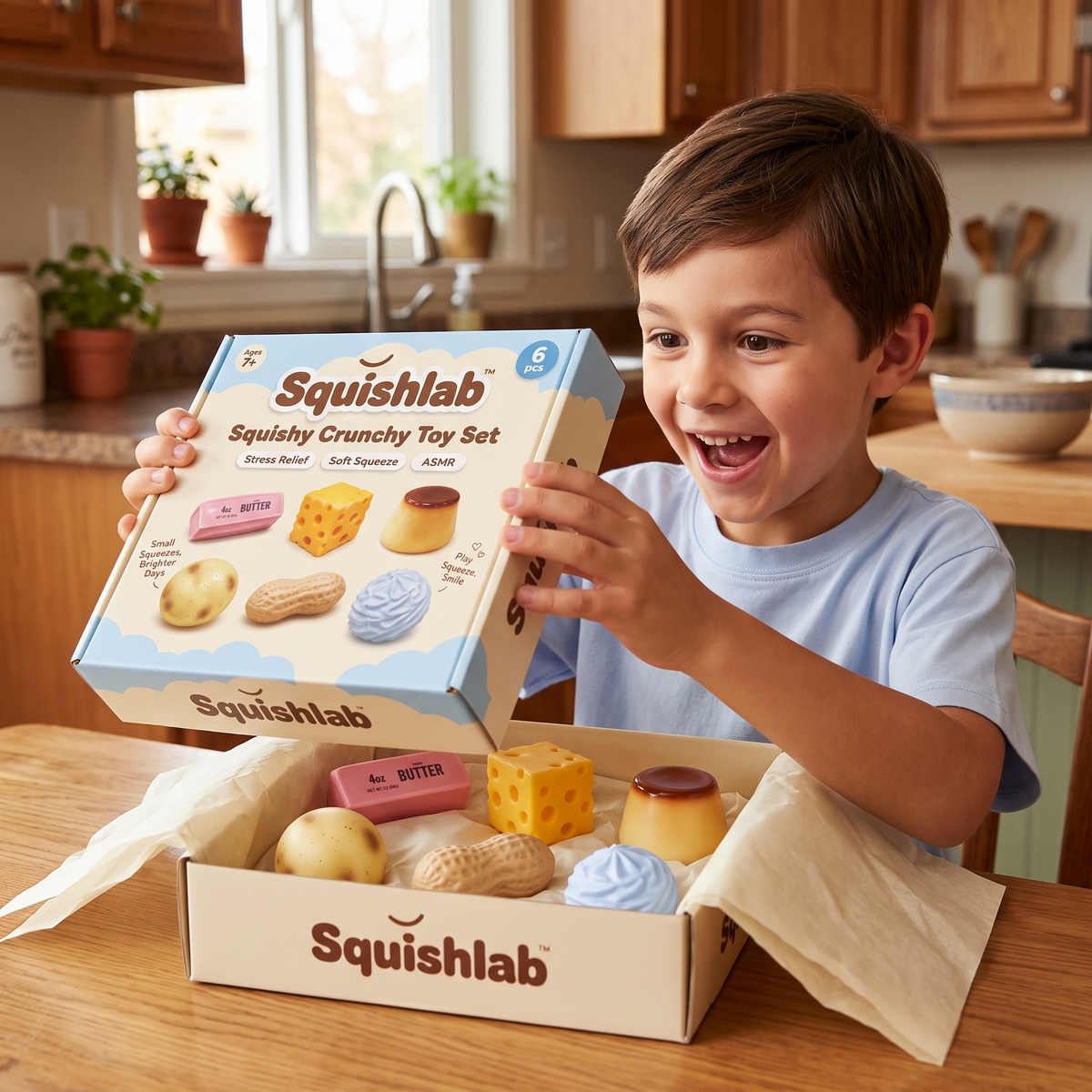 A boy opening the Squishlab box with six squishies inside