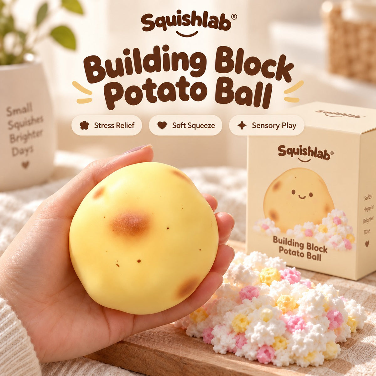 Squishlab Building Block Potato Ball squishy held in hand